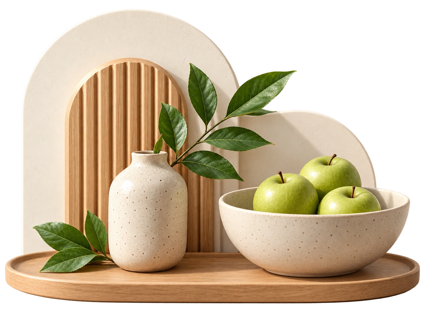 Vaso de cerâmica, folhas e bowl com maçãs verdes