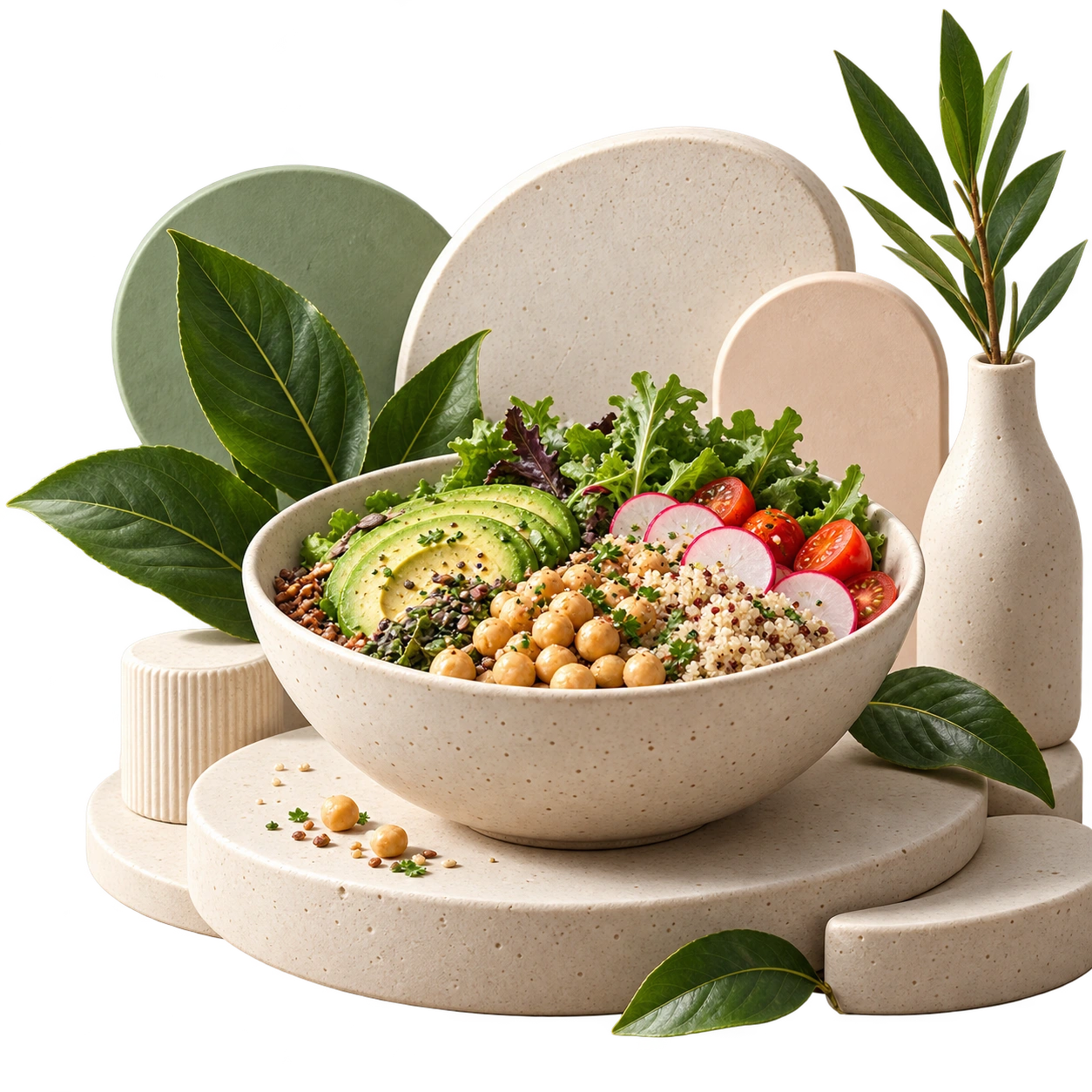 Bowl com salada fresca, abacate, grão-de-bico e legumes