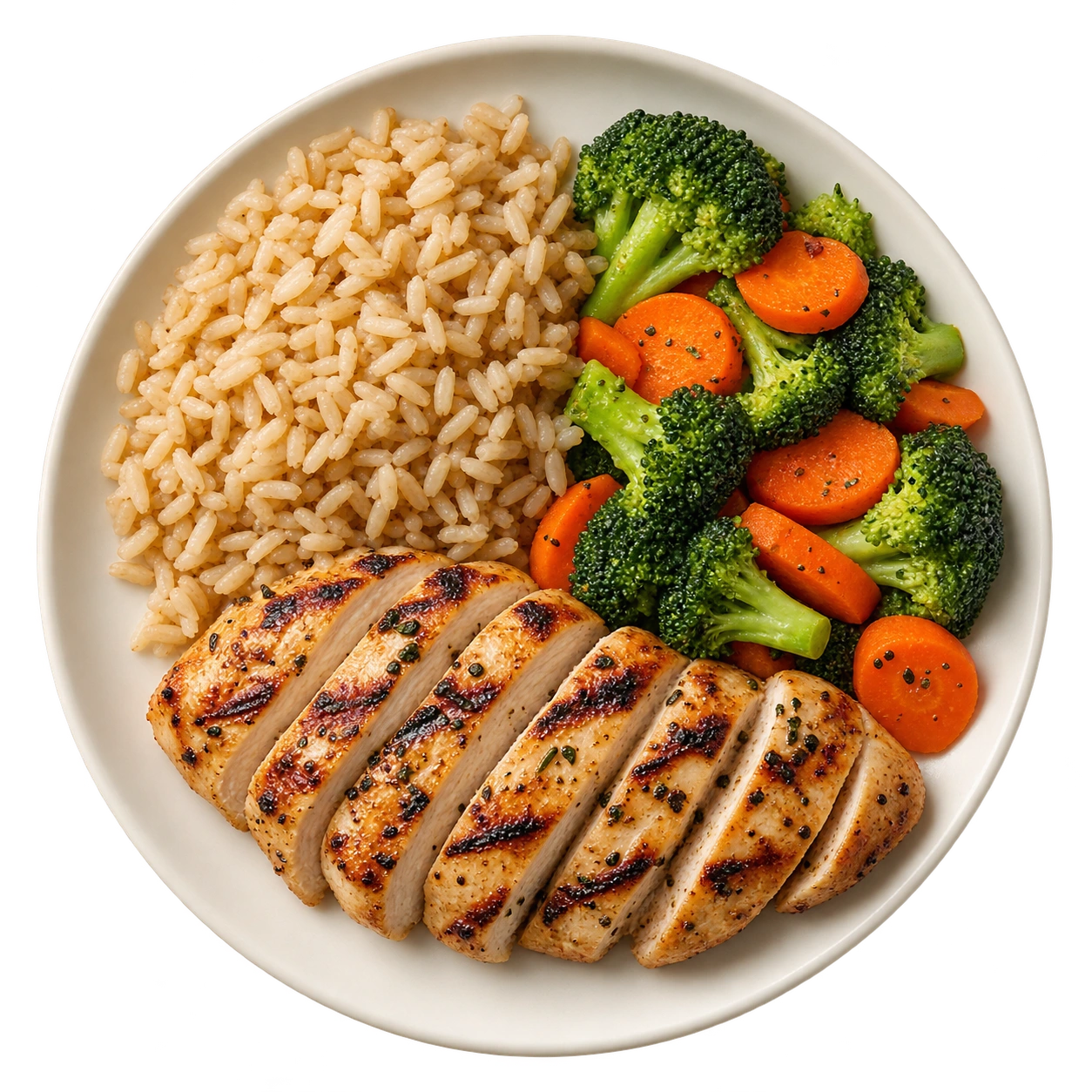 Prato com arroz integral, frango e legumes