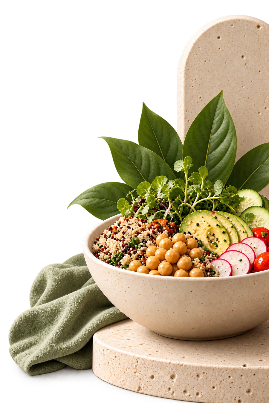 Bowl com grãos, legumes e folhas frescas, sobre uma base de pedra e tecido verde.