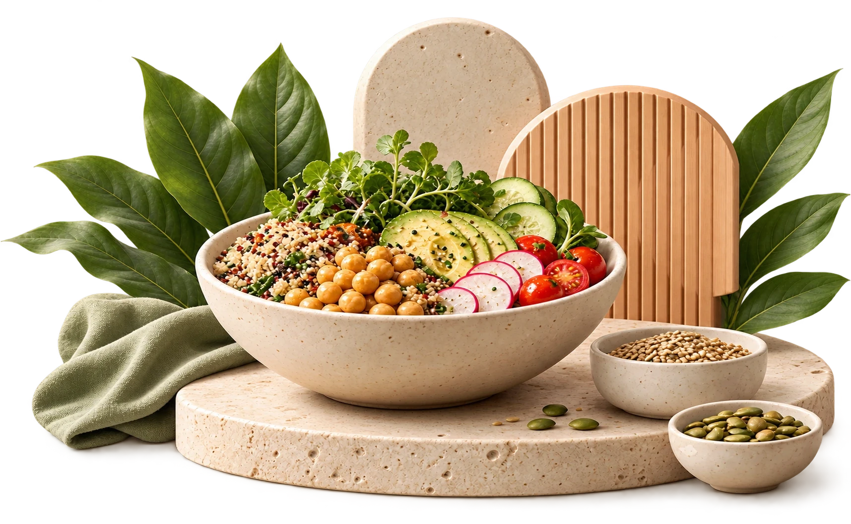 Bowl com grão-de-bico, abacate, tomate, rabanete e folhas verdes sobre base de pedra, ao lado de potes com grãos e sementes